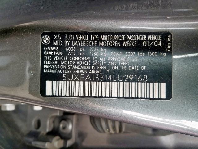 5UXFA13514LU29168 - 2004 BMW X5 3.0I SILVER photo 10