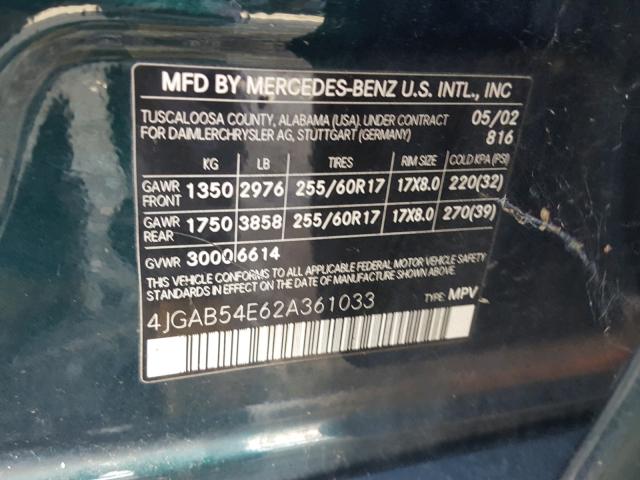 4JGAB54E62A361033 - 2002 MERCEDES-BENZ ML 320 GREEN photo 10