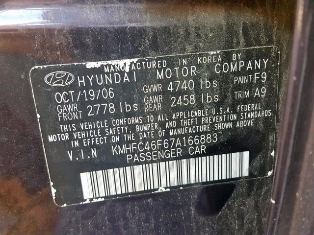 KMHFC46F67A166883 - 2007 HYUNDAI AZERA SE PURPLE photo 10