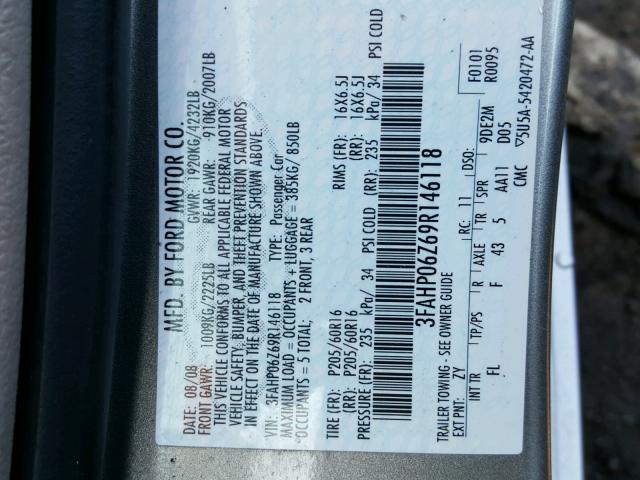 3FAHP06Z69R146118 - 2009 FORD FUSION S GRAY photo 10