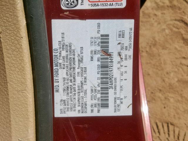 3FAHP02197R184911 - 2007 FORD FUSION SEL RED photo 10
