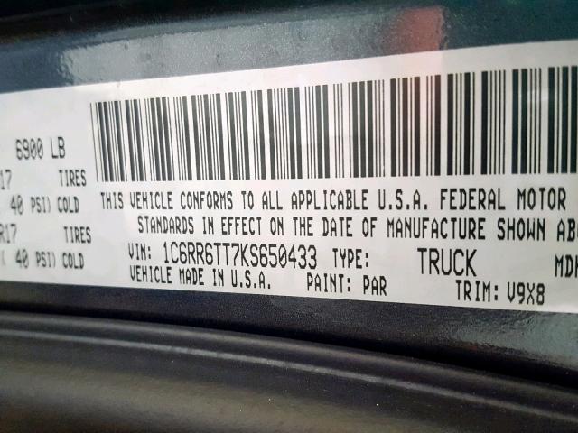 1C6RR6TT7KS650433 - 2019 RAM 1500 CLASS CHARCOAL photo 10