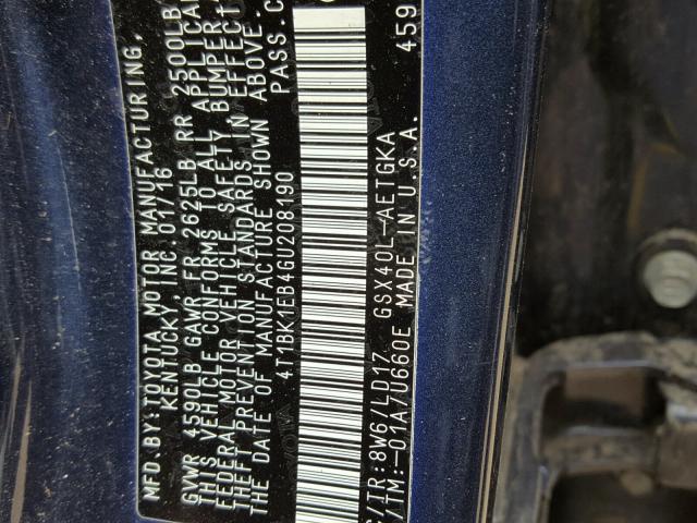 4T1BK1EB4GU208190 - 2016 TOYOTA AVALON XLE 蓝色 照片 10