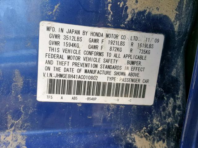 JHMGE8H41AC010802 - 2010 HONDA FIT SPORT BLUE photo 10