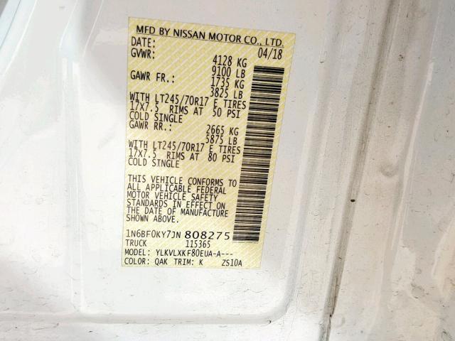 1N6BF0KY7JN808275 - 2018 NISSAN NV 1500 S WHITE photo 10