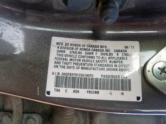 2HGFB2F91CH518979 - 2012 HONDA CIVIC EXL Boz foto 10