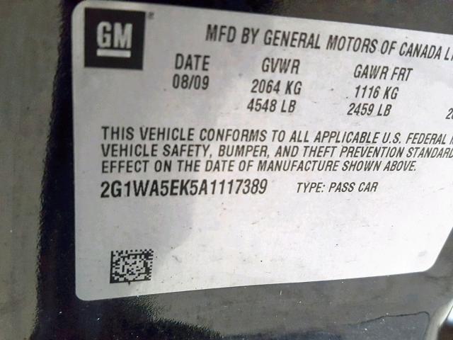 2G1WA5EK5A1117389 - 2010 CHEVROLET IMPALA LS BLACK photo 10