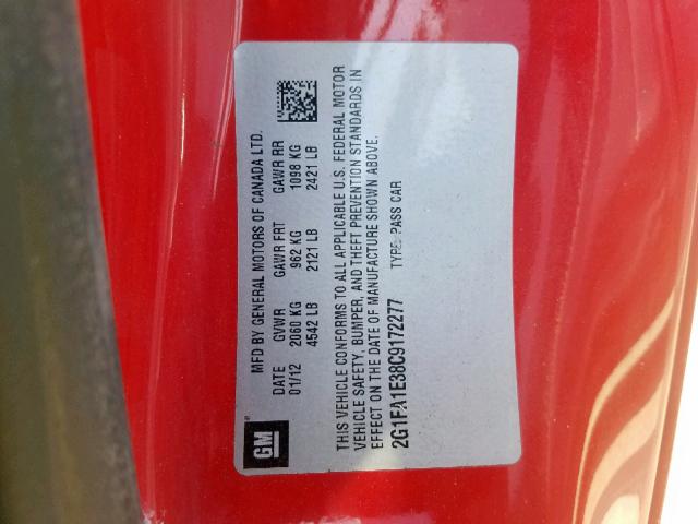 2G1FA1E38C9172277 - 2012 CHEVROLET CAMARO LS RED photo 10