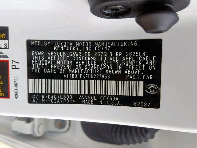 4T1BD1FK7HU227956 - 2017 TOYOTA CAMRY HYBR WHITE photo 10