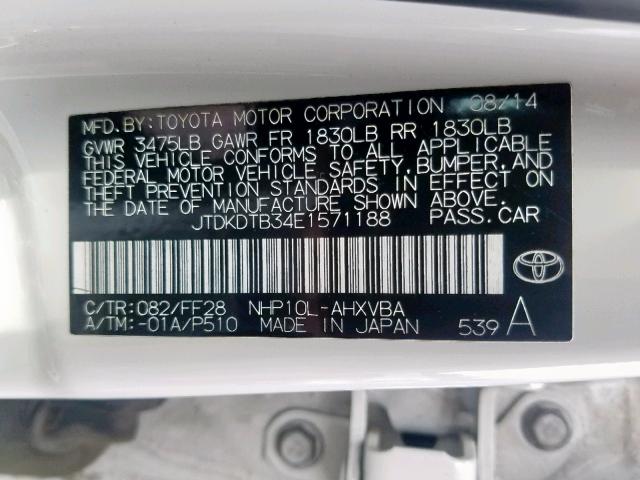 JTDKDTB34E1571188 - 2014 TOYOTA PRIUS C WHITE photo 10