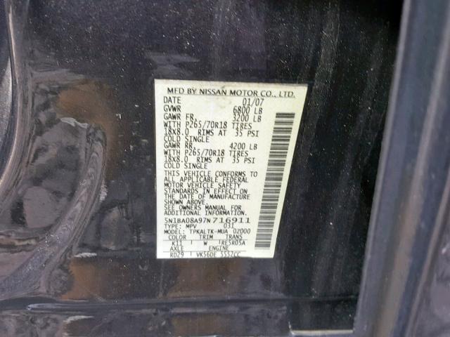 5N1BA08A97N716911 - 2007 NISSAN ARMADA SE GRAY photo 10