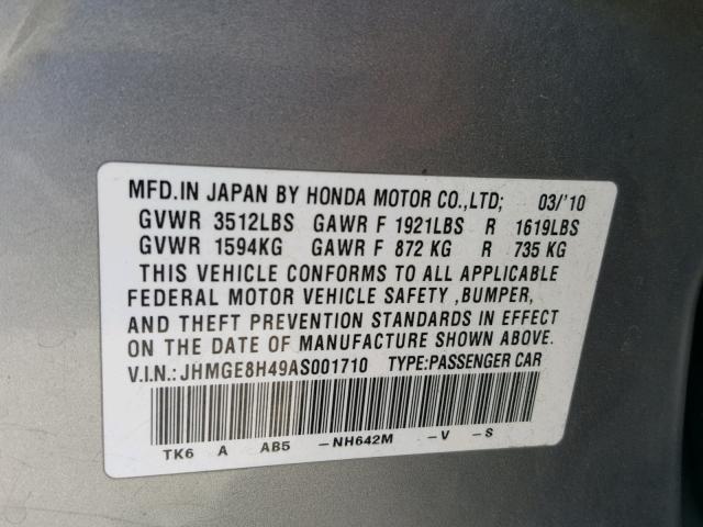 JHMGE8H49AS001710 - 2010 HONDA FIT SPORT SILVER photo 10