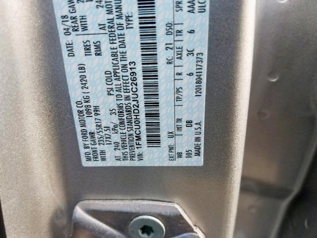 1FMCU0HD2JUC26913 - 2018 FORD ESCAPE SEL SILVER photo 10