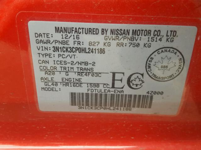 3N1CK3CP0HL241186 - 2017 NISSAN MICRA RED photo 10