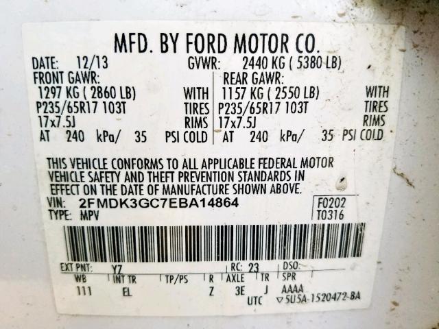 2FMDK3GC7EBA14864 - 2014 FORD EDGE SE WHITE photo 10