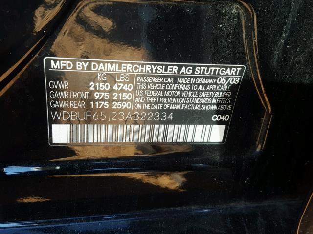 WDBUF65J23A322334 - 2003 MERCEDES-BENZ E 320 BLACK photo 10