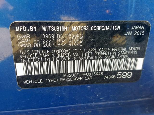 JA32U2FU9FU015048 - 2015 MITSUBISHI LANCER ES BLUE photo 10