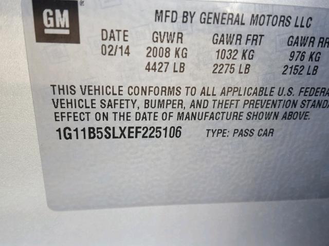 1G11B5SLXEF225106 - 2014 CHEVROLET MALIBU LS 银色 照片 10