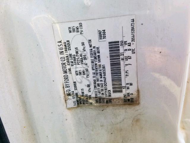 1FTYR10D94PA83281 - 2004 FORD RANGER WHITE photo 10