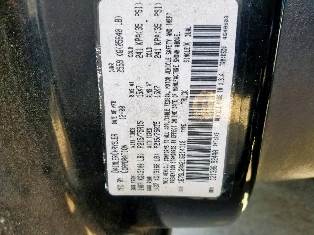 1B7GL2AX21S214118 - 2001 DODGE DAKOTA QUA BLACK photo 10