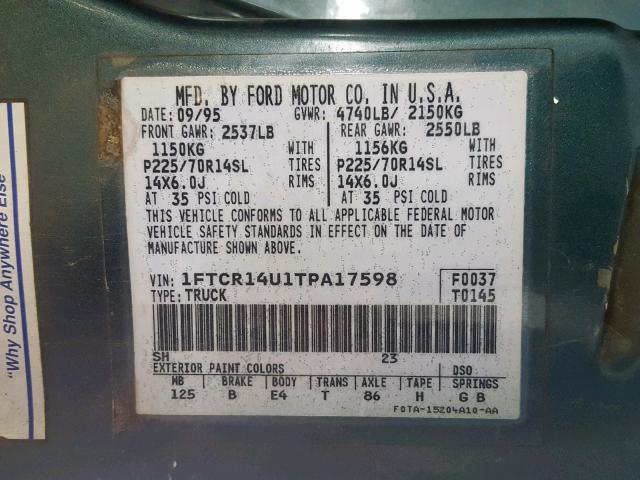 1FTCR14U1TPA17598 - 1996 FORD RANGER SUP GREEN photo 10