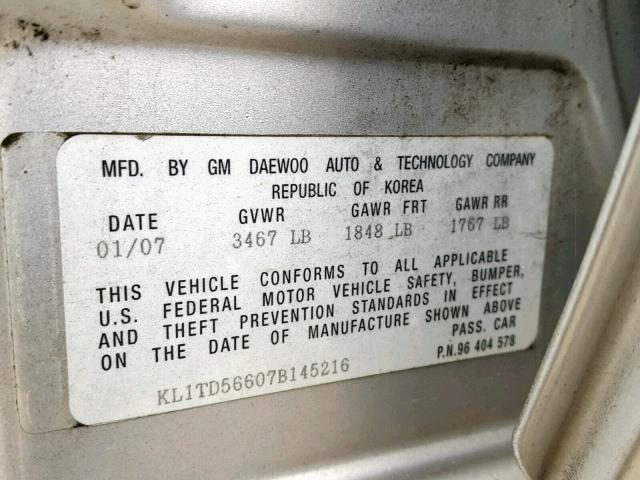 KL1TD56607B145216 - 2007 CHEVROLET AVEO BASE ვერცხლისფერი ფოტო 10