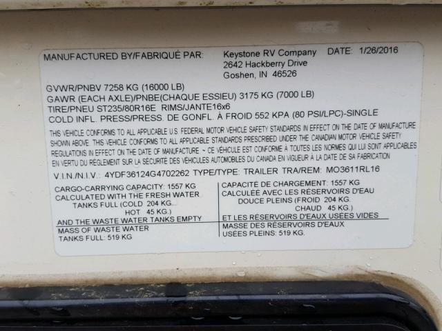 4YDF36124G4702262 - 2016 TRAV TRAILER TAN photo 10