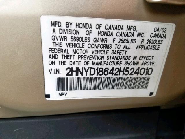 2HNYD18642H524010 - 2002 ACURA MDX TOURIN BEIGE photo 10