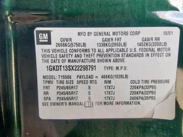 1GKDT13SX22298791 - 2002 GMC ENVOY GREEN photo 10