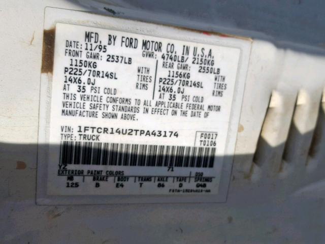 1FTCR14U2TPA43174 - 1996 FORD RANGER SUP WHITE photo 10