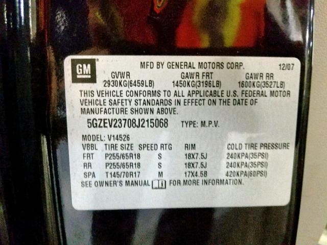 5GZEV23708J215068 - 2008 SATURN OUTLOOK XR შავი ფოტო 10