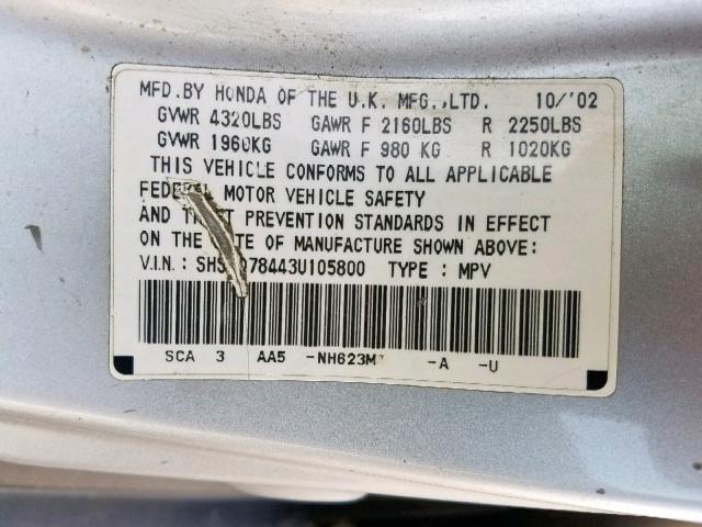 SHSRD78443U105800 - 2003 HONDA CR-V LX SILVER photo 10