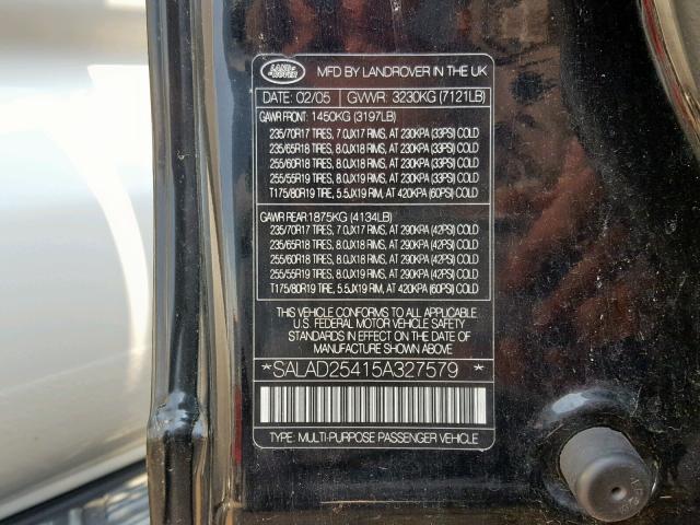 SALAD25415A327579 - 2005 LAND ROVER LR3 SE BLACK photo 10