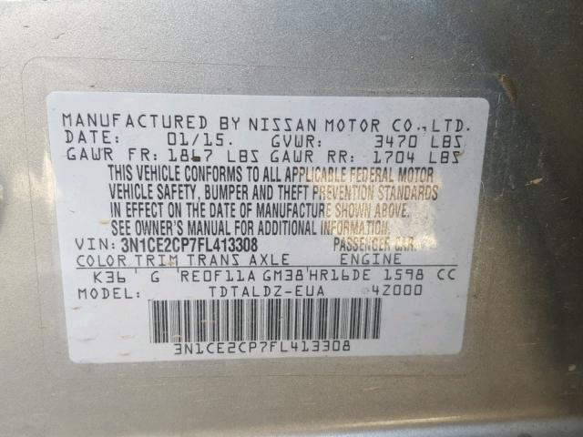 3N1CE2CP7FL413308 - 2015 NISSAN VERSA NOTE GRAY photo 10