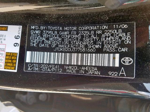 JTDKB20U377581660 - 2007 TOYOTA PRIUS BLACK photo 10