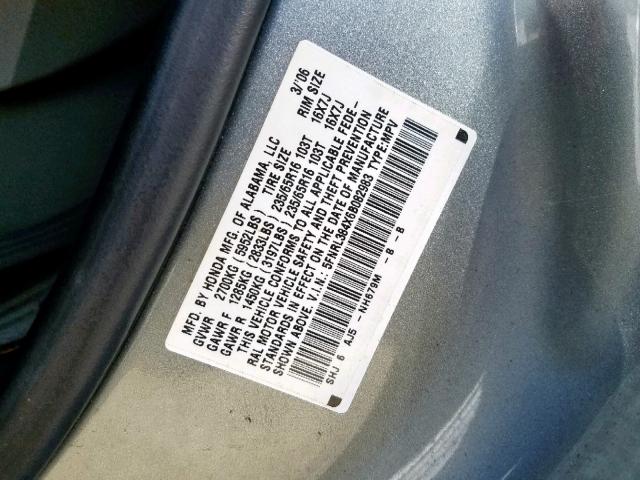 5FNRL384X6B082983 - 2006 HONDA ODYSSEY EX SILVER photo 10