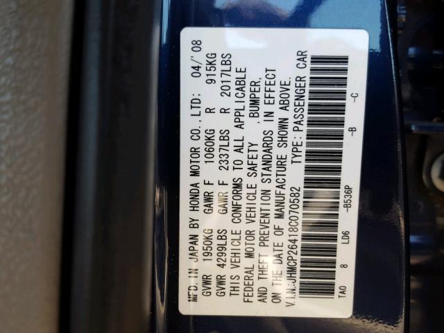 JHMCP26418C070582 - 2008 HONDA ACCORD LXP BLUE photo 10