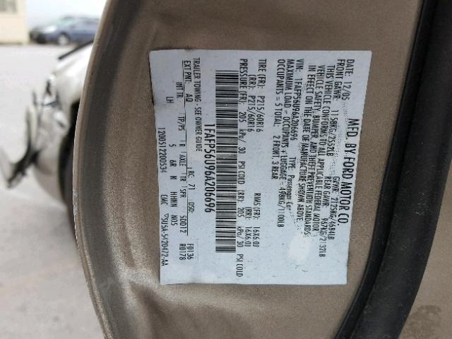 1FAFP56U96A206696 - 2006 FORD TAURUS SEL TAN photo 10