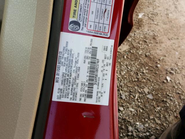 3FAHP08108R237469 - 2008 FORD FUSION SEL RED photo 10