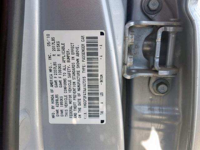 1HGCP2F47AA147315 - 2010 HONDA ACCORD LXP SILVER photo 10