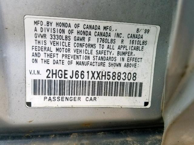 2HGEJ661XXH588308 - 1999 HONDA CIVIC BASE SILVER photo 10