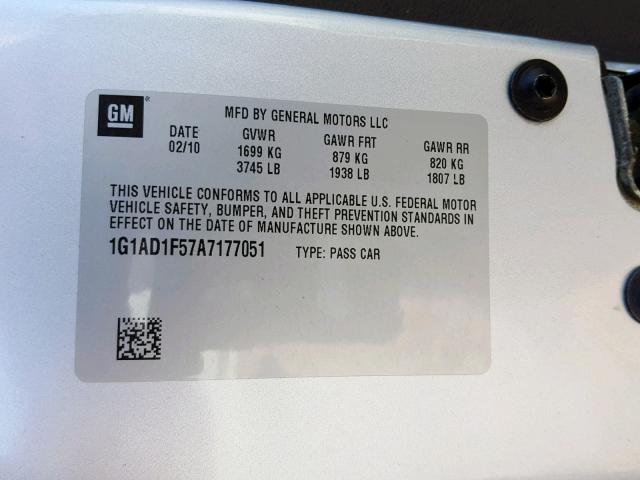 1G1AD1F57A7177051 - 2010 CHEVROLET COBALT 1LT SILVER photo 10