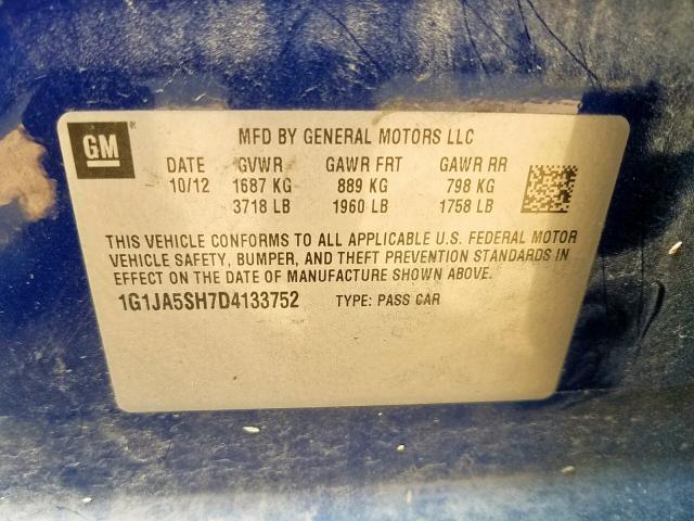 1G1JA5SH7D4133752 - 2013 CHEVROLET SONIC LS BLUE photo 10