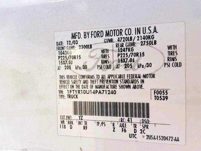 1FTYR10U14PA71240 - 2004 FORD RANGER WHITE photo 10