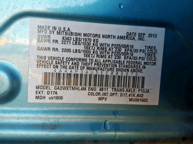 4A4AP3AU5EE009976 - 2014 MITSUBISHI OUTLANDER BLUE photo 10