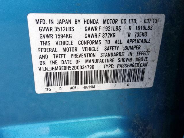 JHMGE8H52DC034796 - 2013 HONDA FIT SPORT TEAL photo 10