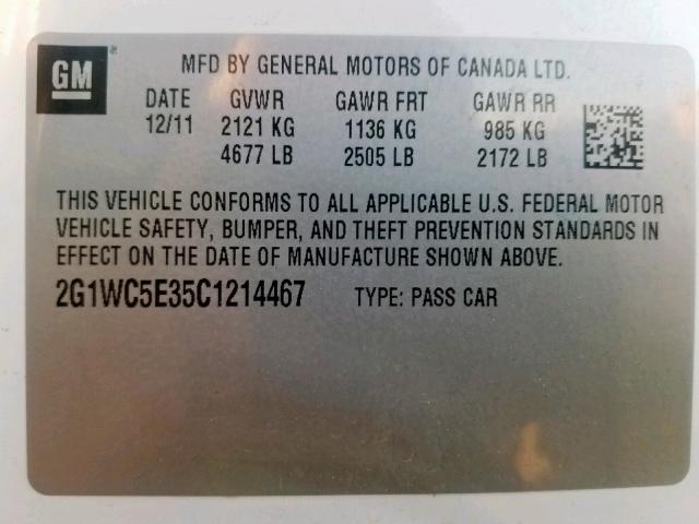 2G1WC5E35C1214467 - 2012 CHEVROLET IMPALA LTZ WHITE photo 10