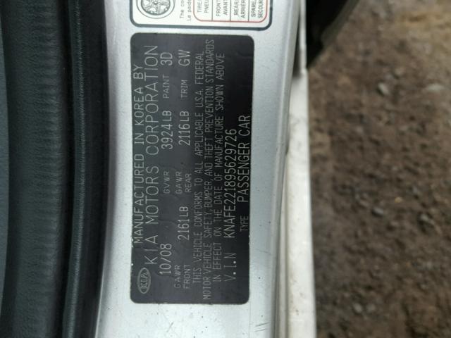 KNAFE221895629726 - 2009 KIA SPECTRA EX SILVER photo 10