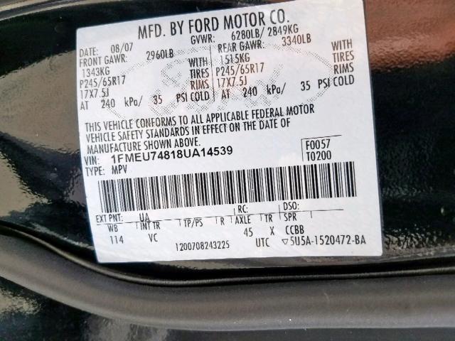 1FMEU74818UA14539 - 2008 FORD EXPLORER E BLACK photo 10