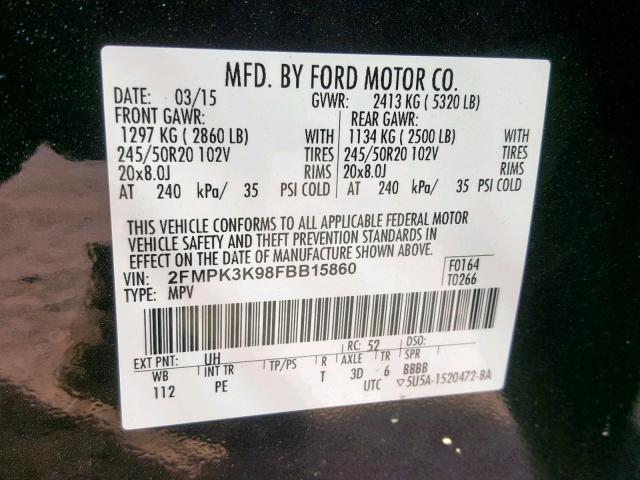 2FMPK3K98FBB15860 - 2015 FORD EDGE TITAN BLACK photo 10